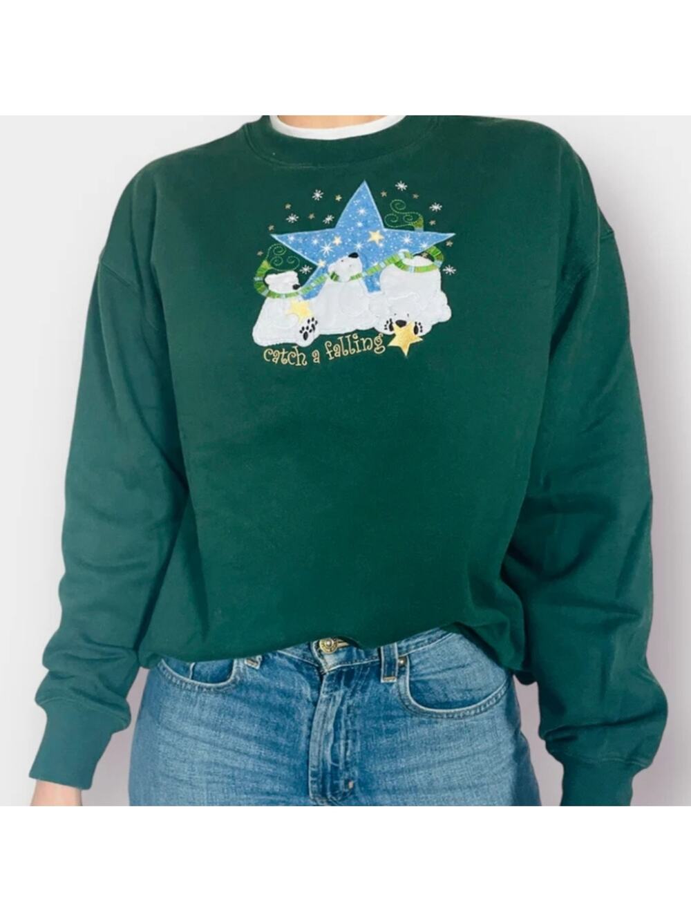 90s winter themed sweatshirt.Three appliqué and embroidered polar bears Sz Large